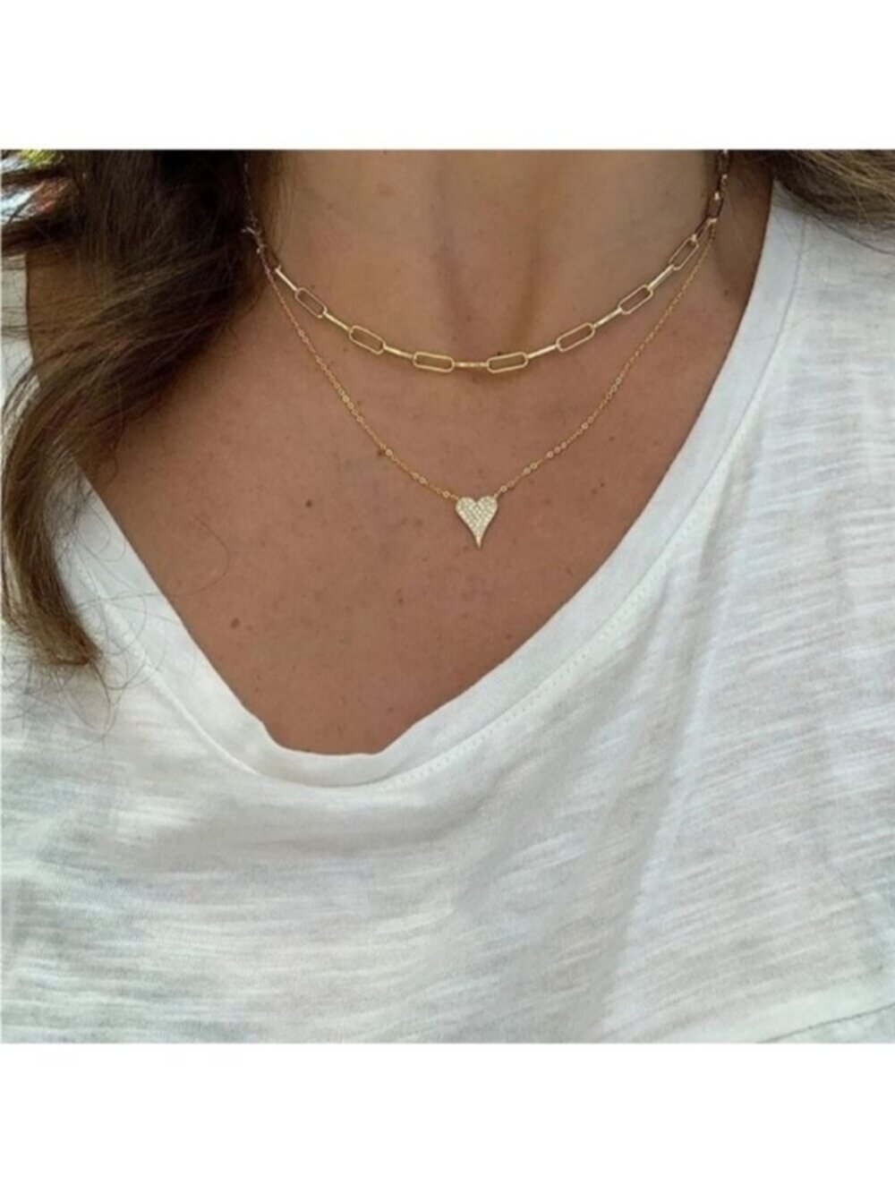 GOLD 14k Gold Plated 2pc Cubic Zirconia Heart & Paperclip Necklace Set
